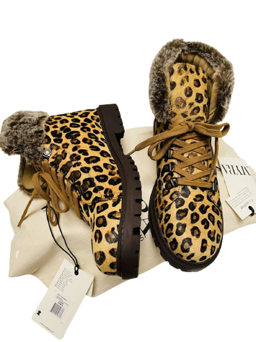 Leopard-Chic Hairon Leather Boots Booties Fur Trim Lug-sole S 6,7,10 MyraBag